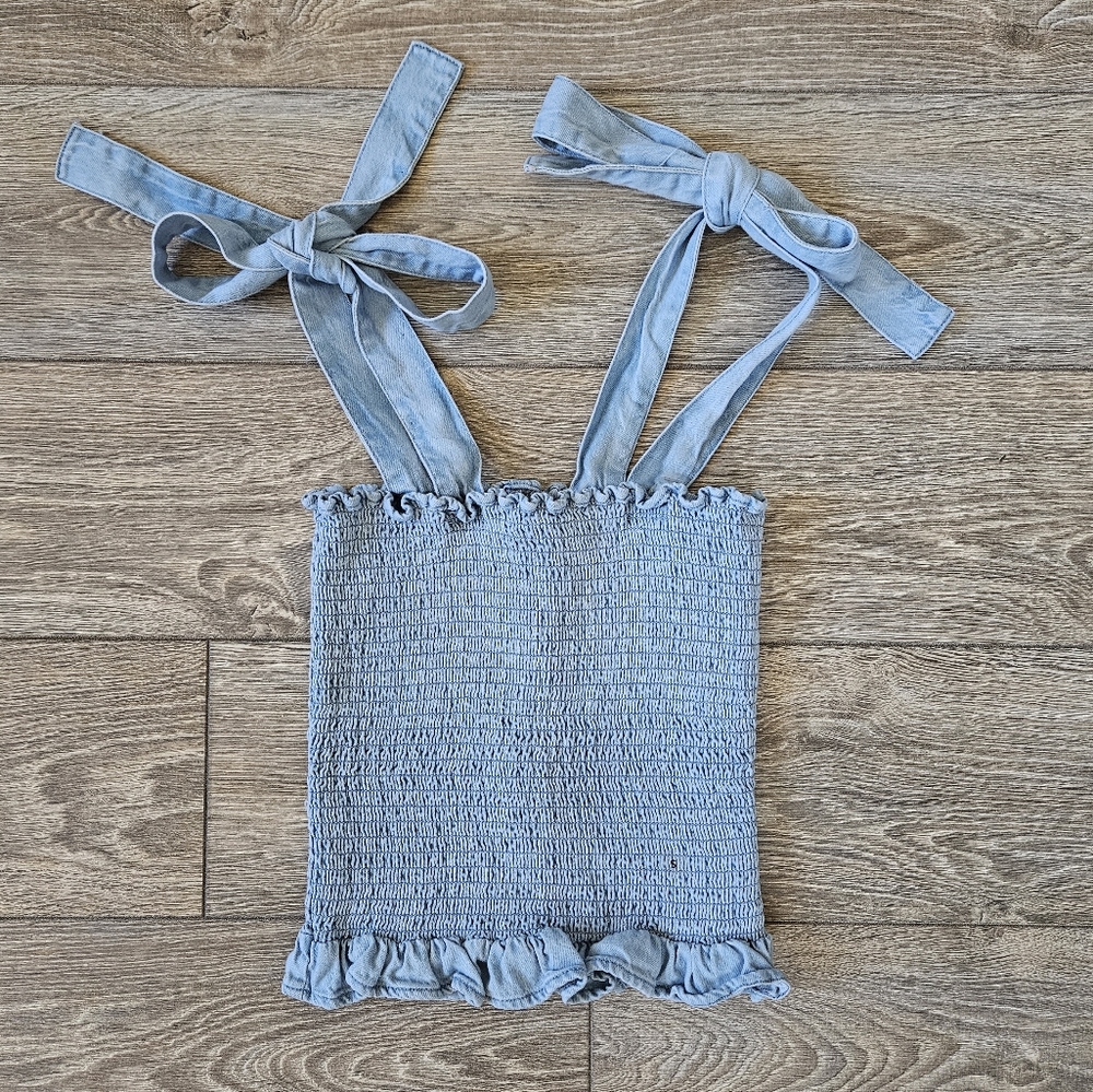 American Eagle Blue Cotton Smocked Crop Top Tank